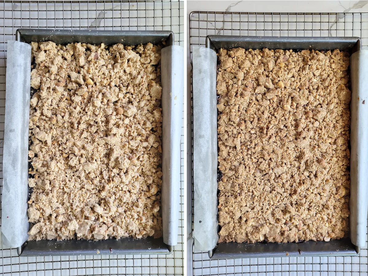 a tray of crumb bars before and after baking.