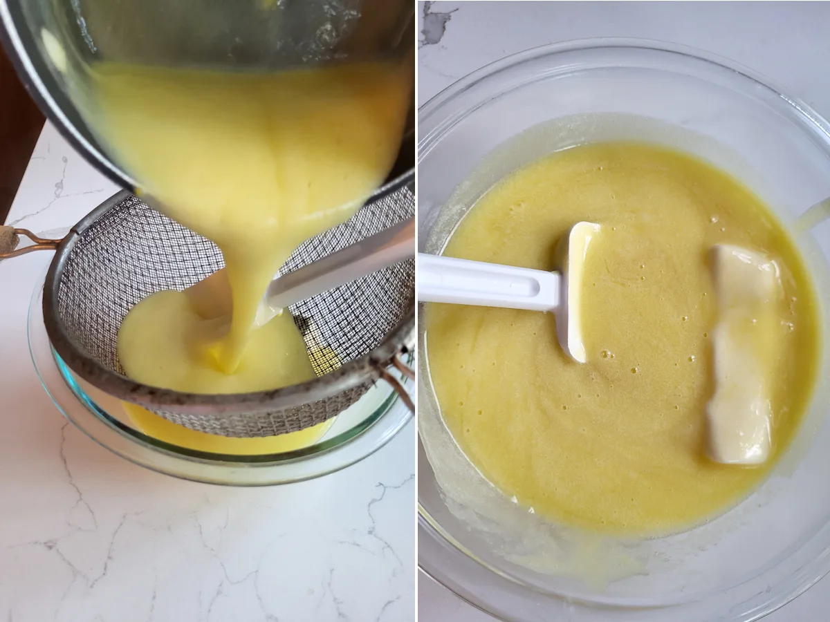 Pouring pineapple curd through a sieve over butter in a bowl.