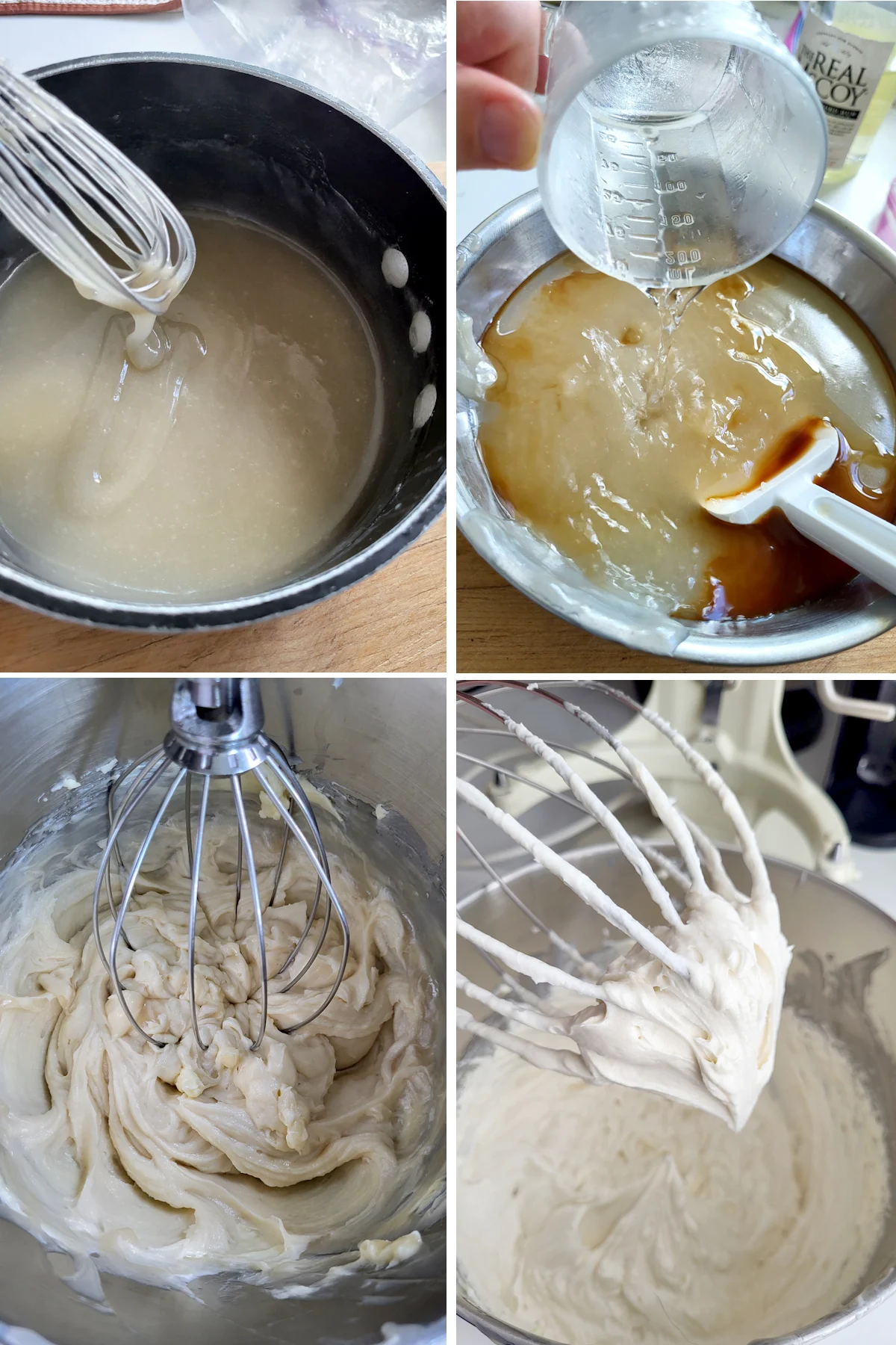 a pot with coconut pudding. A bowl of whipped frosting.