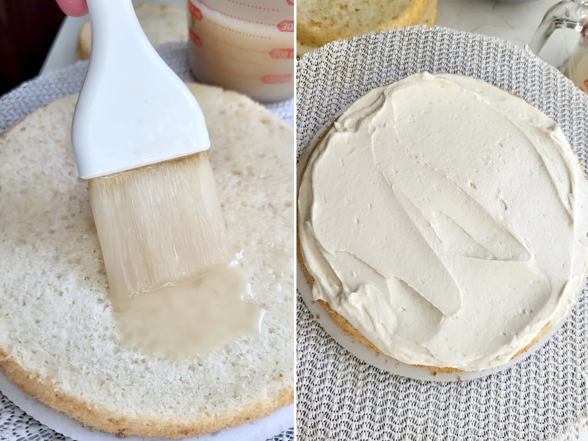 a pastry brush on a cake layer. a layer of cake covered with frosting.