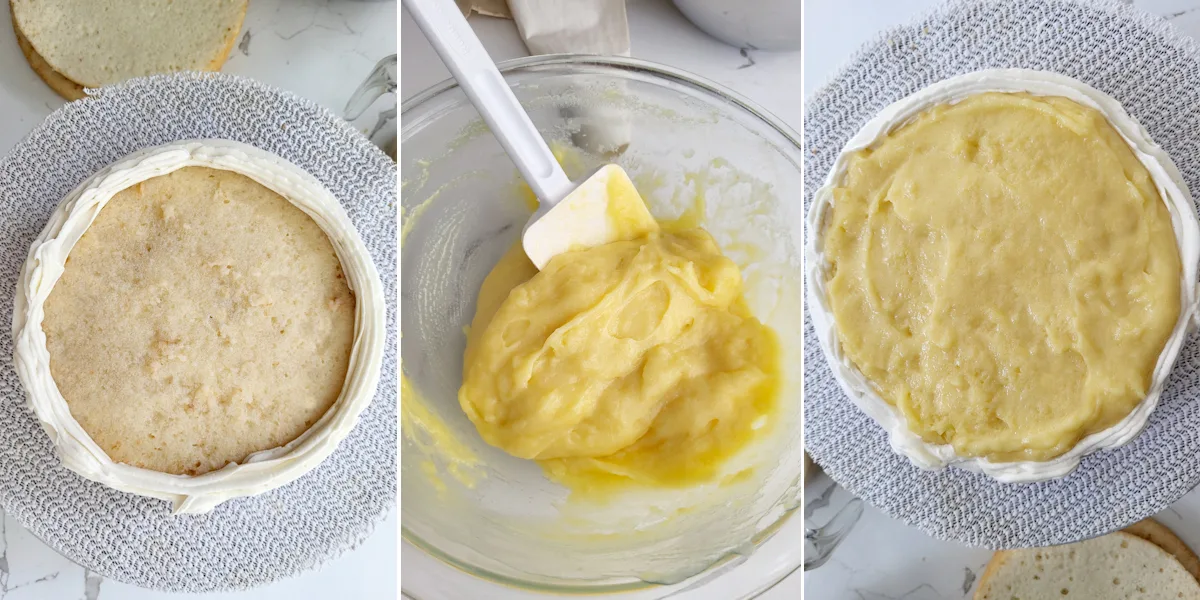 a cake layer with a dam of frosting. a bowl of pineapple curd and a cake layer covered with pineapple curd.