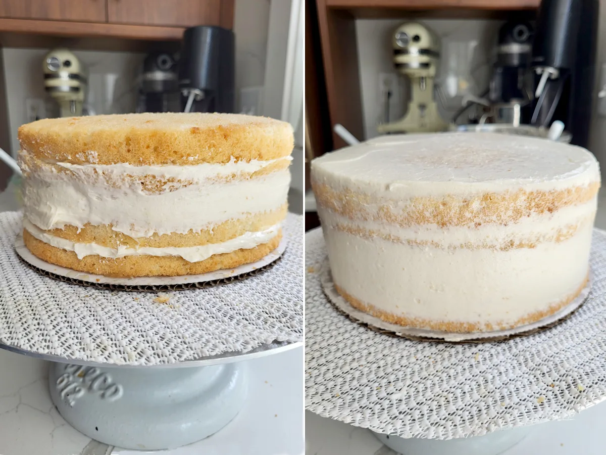 an uniced layer cake and an iced layer cake.