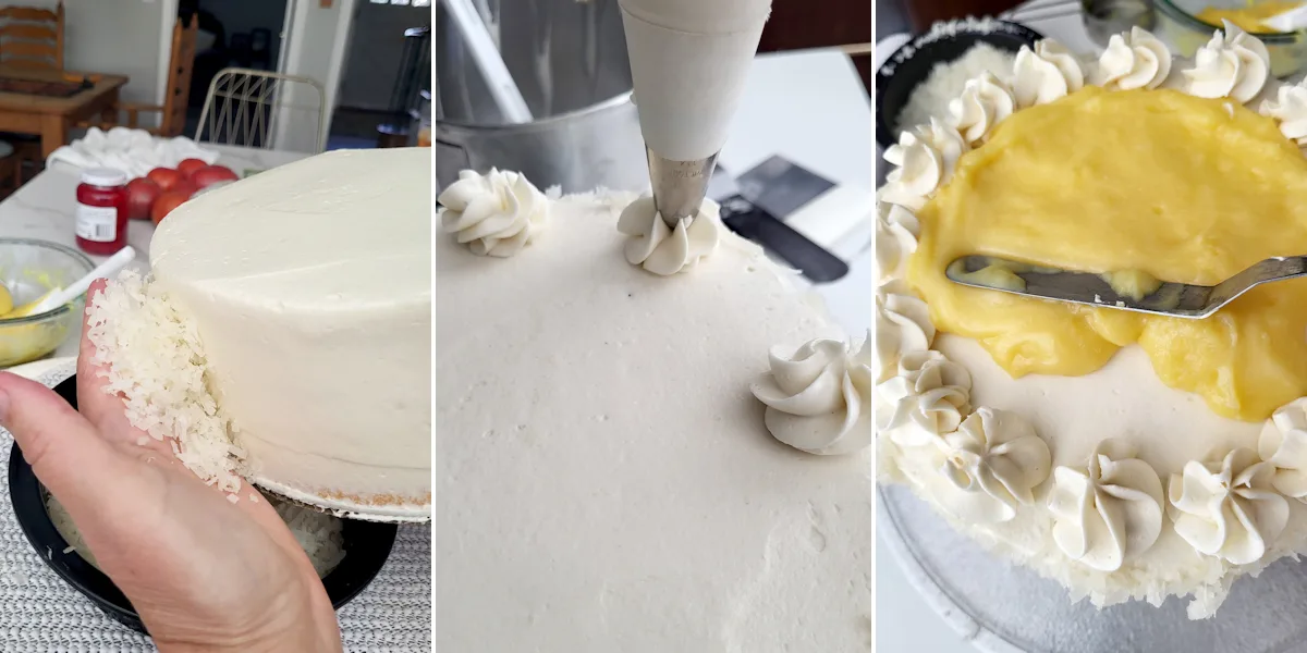 A hand pressing coconut to the side of a cake. A piping bag piping a rosette on a cake. A spatula spreading pineapple curd on top of a cake.