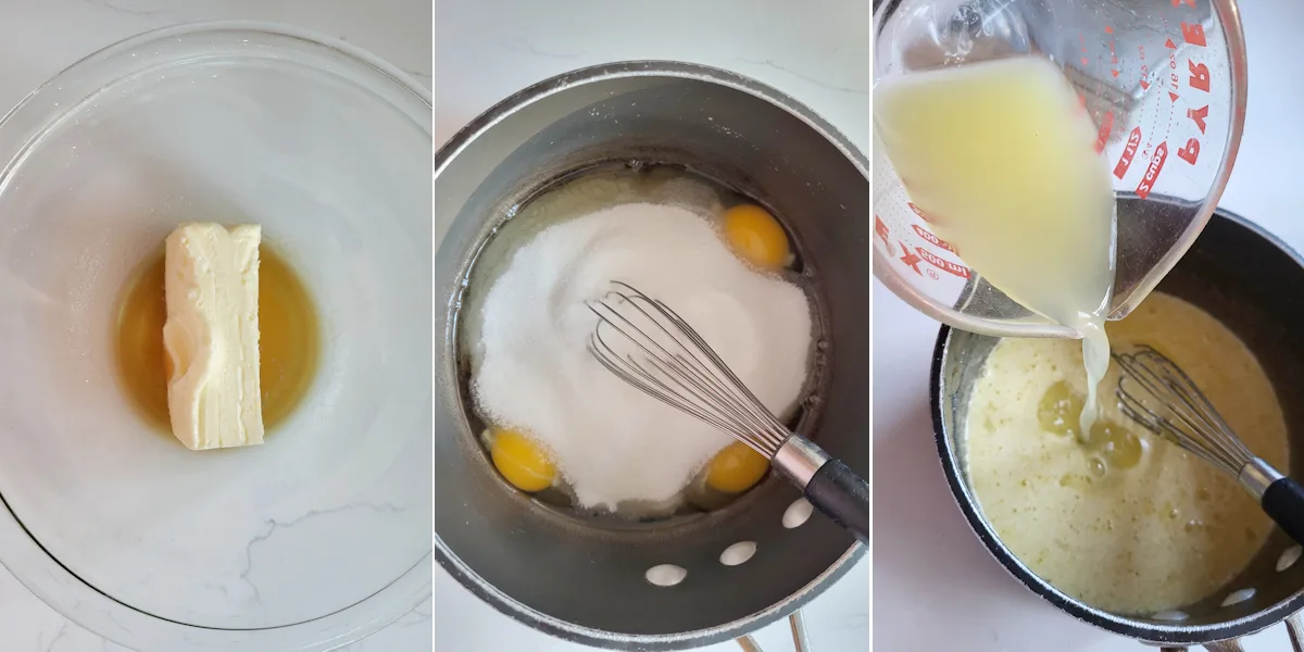 A bowl with gelatin and butter. A pot with eggs and sugar and a cup of juice being poured into a pot.