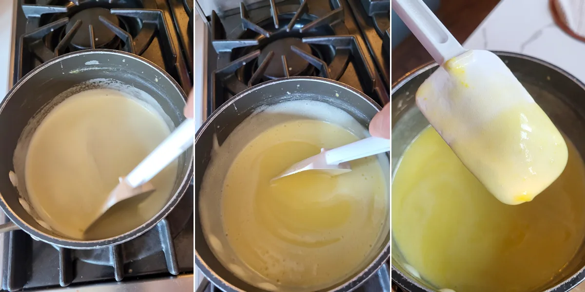 pineapple curd cooking in a pot. A spatula coated with pineapple curd.
