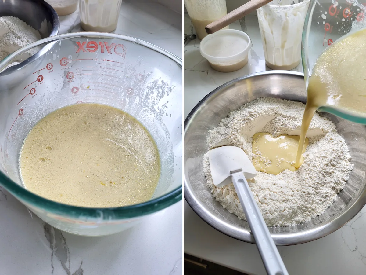 a bowl with sourdough discard mixed with other wet ingredients and then pouring the wet ingredients into the dry ingredients.