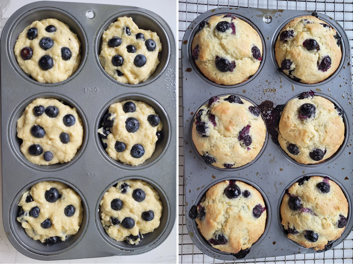 a pan of blueberry muffins before and after baking.