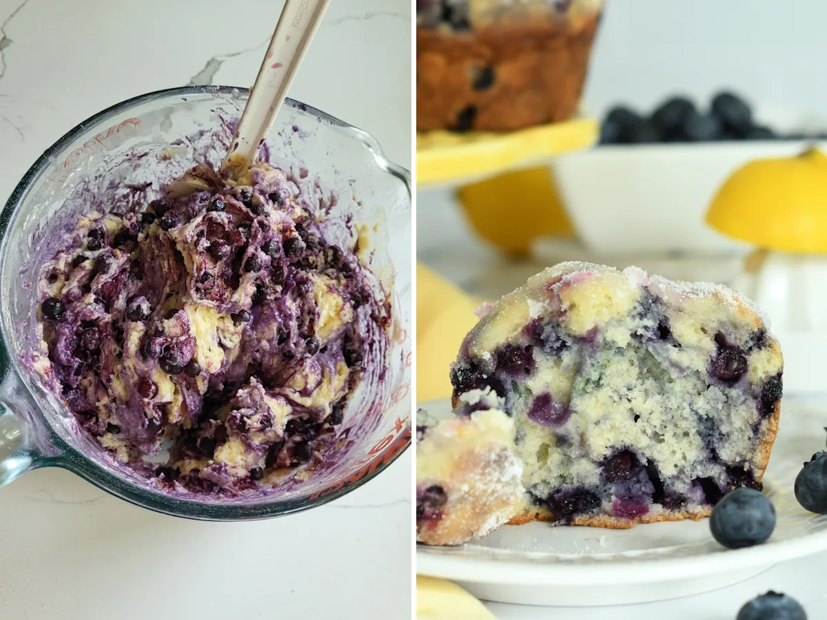 a bowl of blueberry muffin batter with juicy leaking into batter and a muffin on a plate.