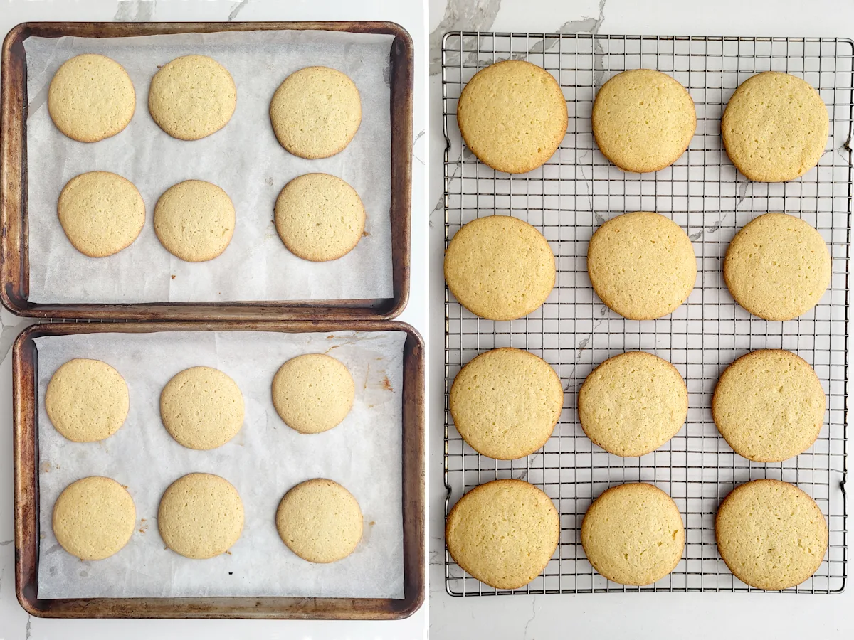 two trays of baked cookies and cookies on a cooling rack.