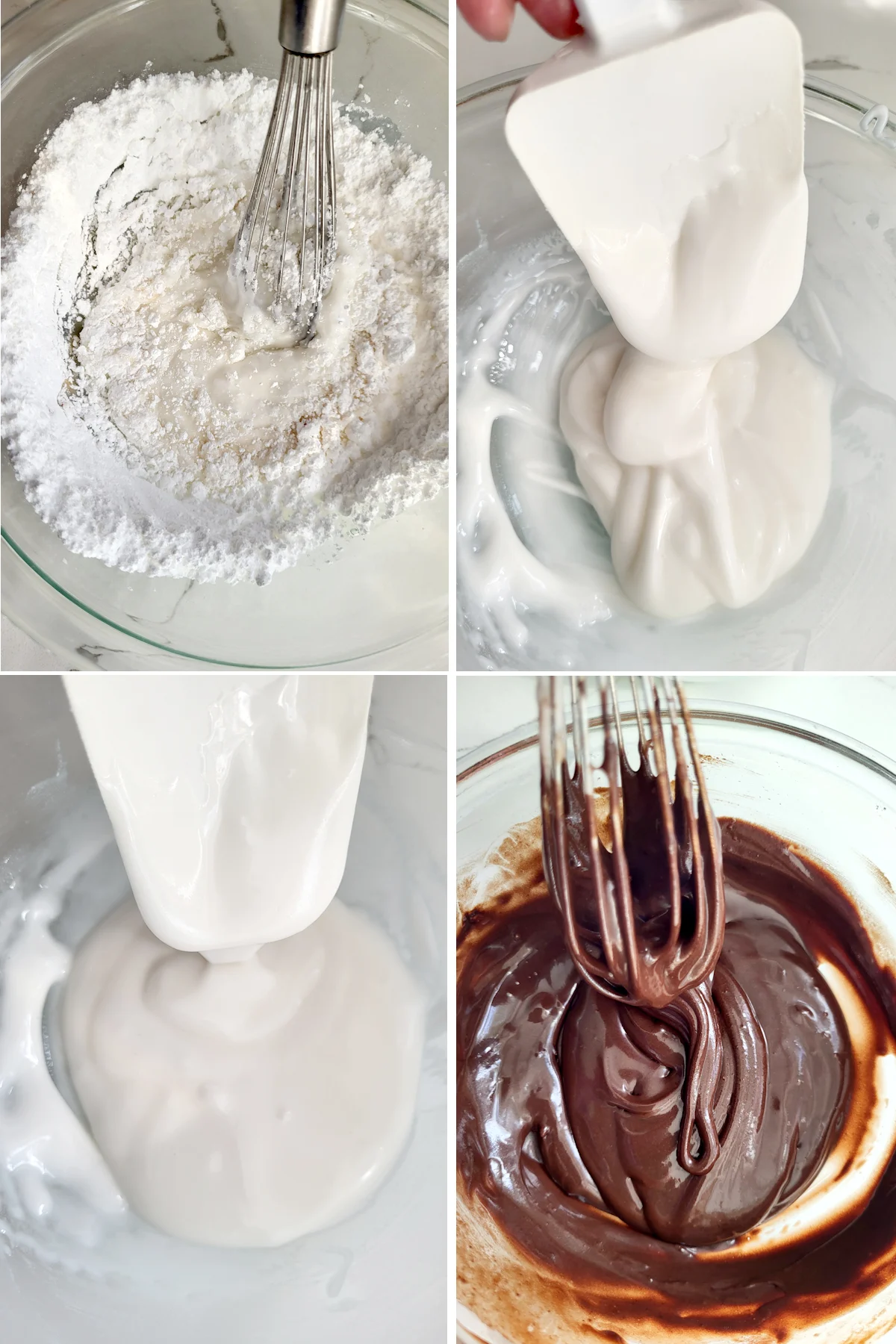 Four bowls of icing. Three are vanilla one is chocolate.