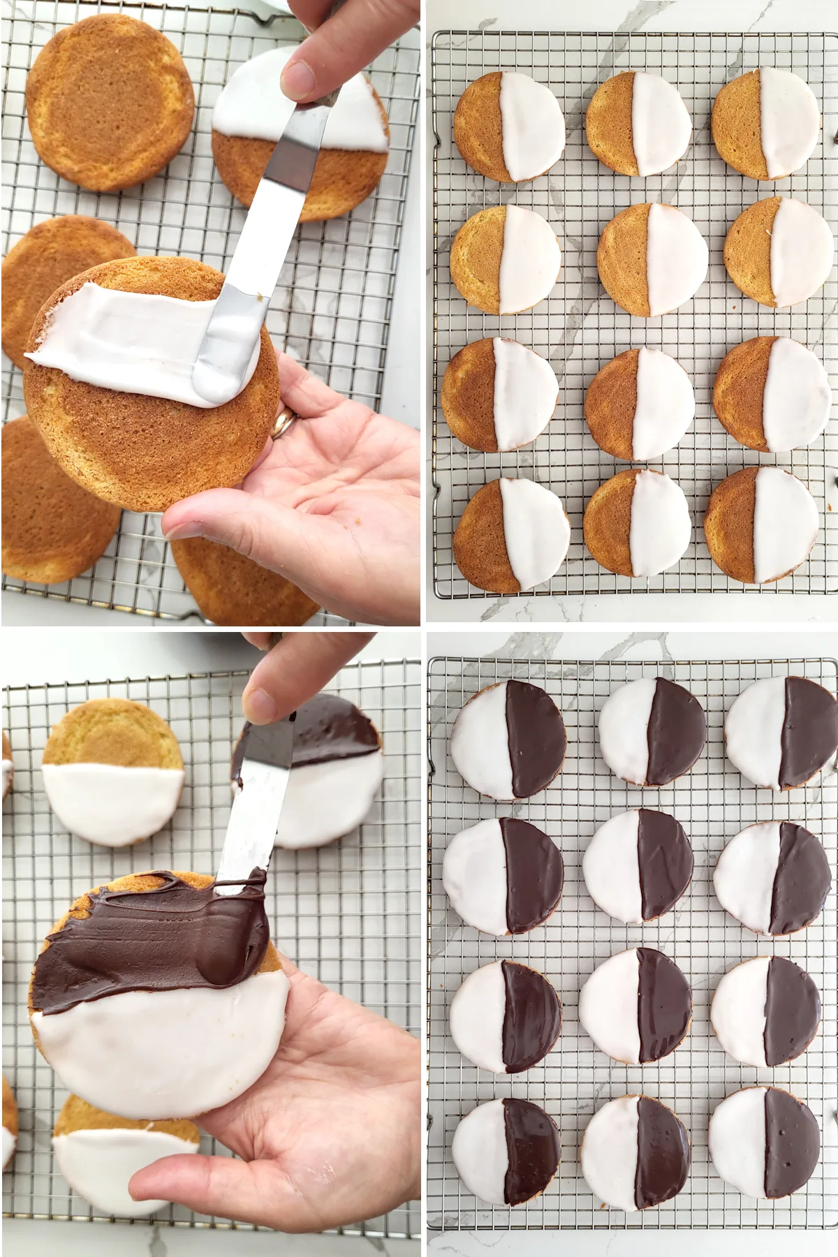 1. A spatula icing a cookie with white icing. 2.  A tray of half iced cookies. 3. Icing a cookie with chocolate icing. 4. A tray of iced black and white cookies.