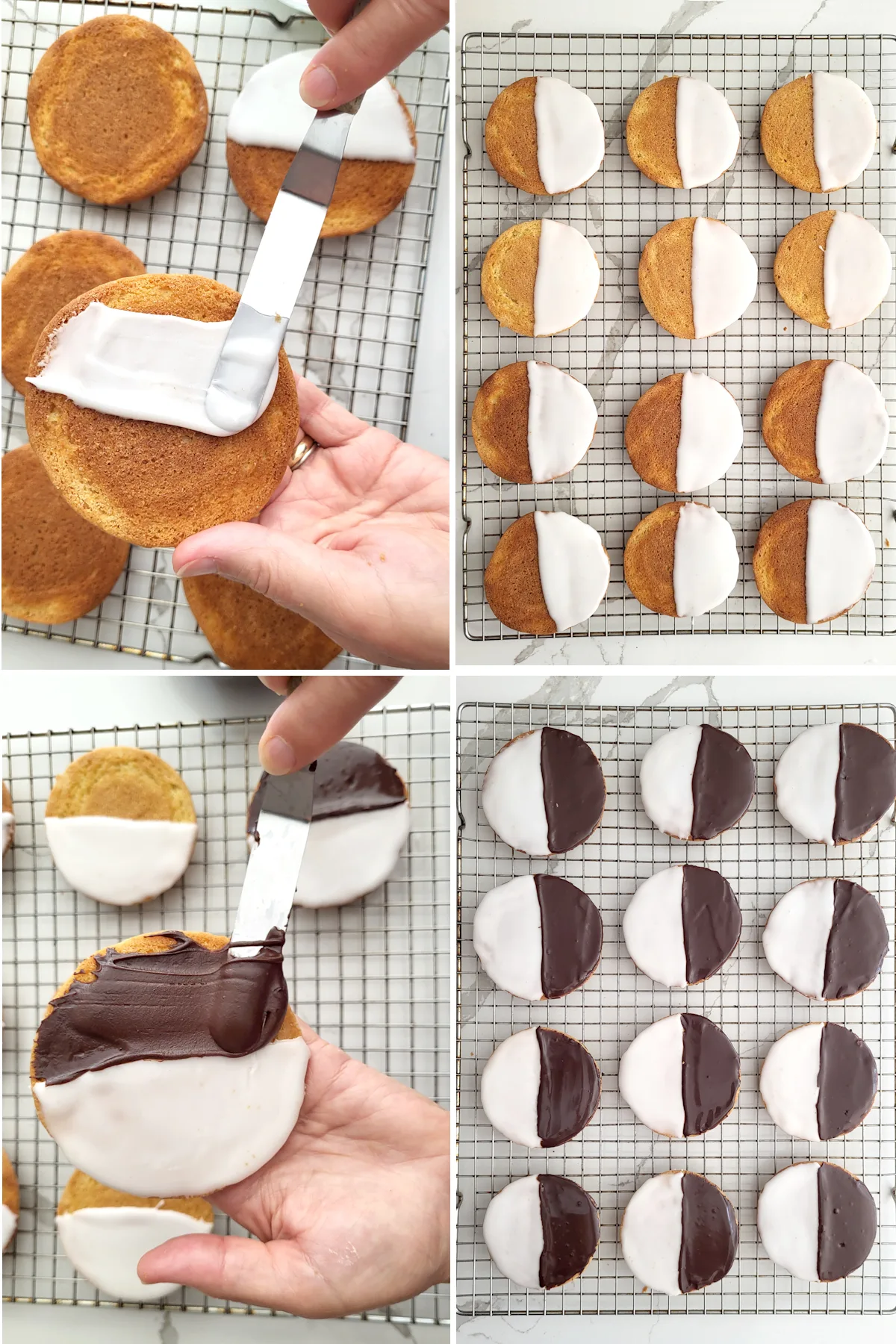 1. A spatula icing a cookie with white icing. 2. A tray of half iced cookies. 3. Icing a cookie with chocolate icing. 4. A tray of iced black and white cookies.