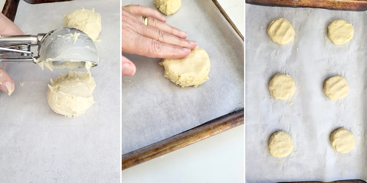 Scooping cookie dough onto a tray. Flattening cookie dough by hand. A tray of cookies ready for the oven.