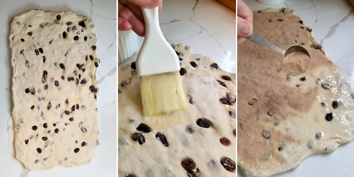 A rectangle of raisin bread dough. A brush putting melted butter on raisin bread dough. And sprinkling cinnamon on raisin bread dough.