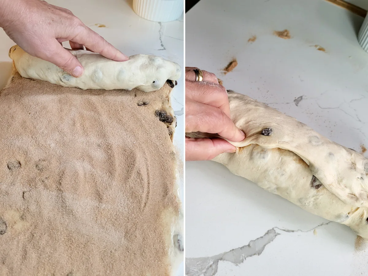 Rolling raisin dough filled with cinnamon.