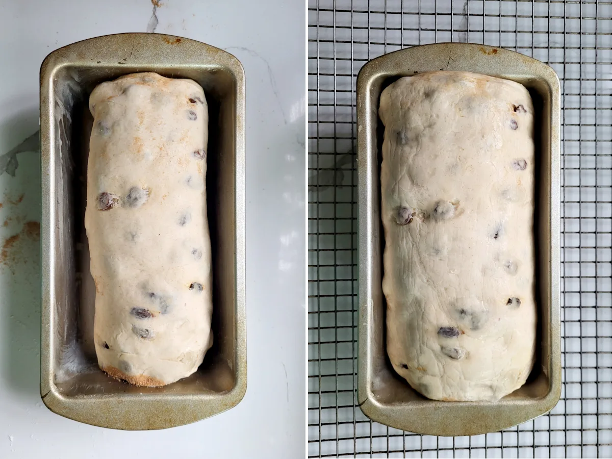 raisin bread dough before and after rising in the pan.