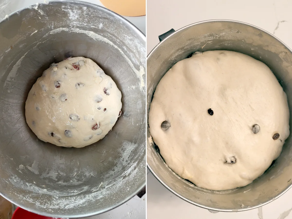 The same bowl of raisin bread dough before and after rising.