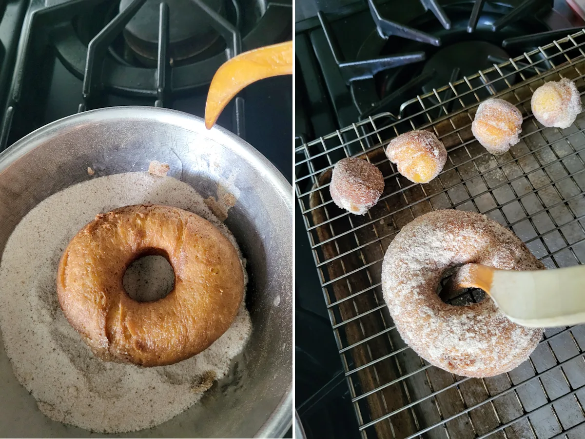 a bowl of sugar with a donut on top. A donut and 4 donut holes on a cooling rack.