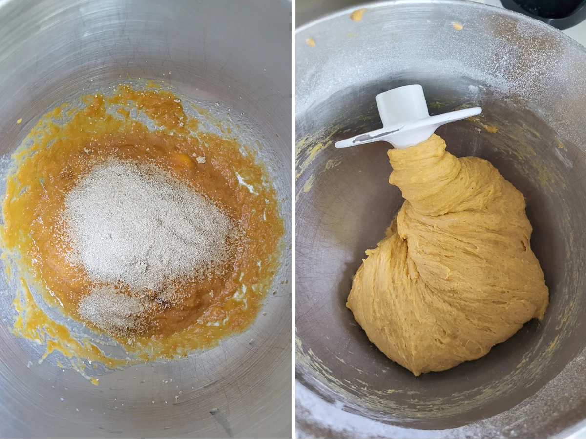 a bowl with pumpkin puree and yeast and a bowl with dough hook and pumpkin dough.