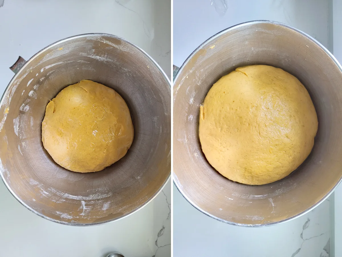 two bowls with pumpkin dough before and after rising.