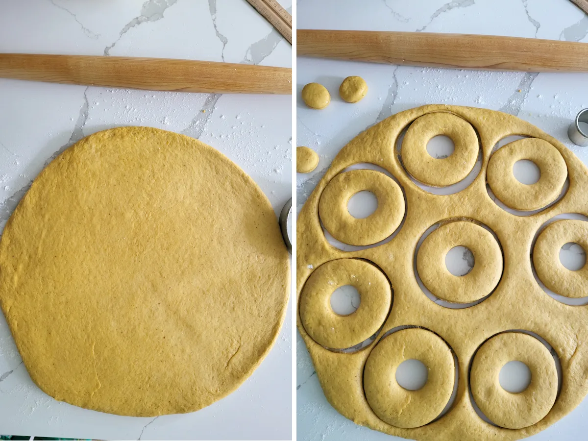 a circle of pumpkin dough and pumpkin dough with donut cut outs.