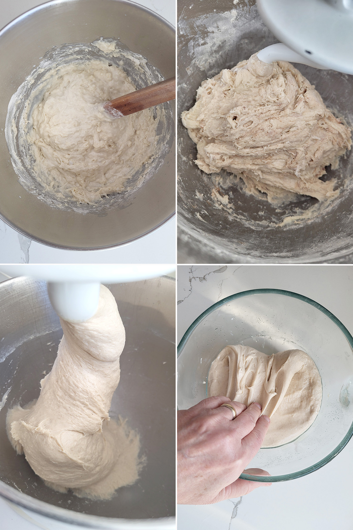 sourdough starter with flour in a mixing bowl. Sourdough in a mixing bold and being folded by hand.