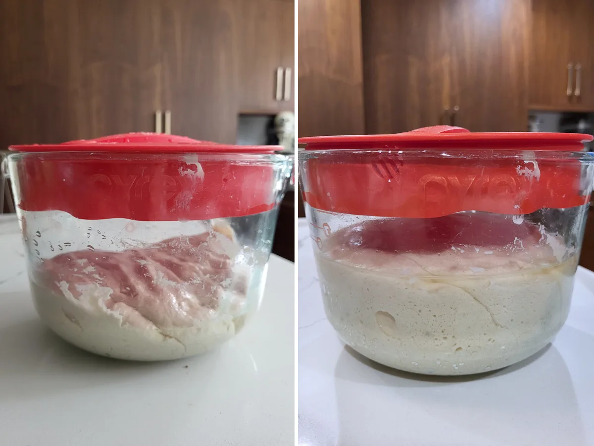 A glass bowl filled with sourdough before and after rising.