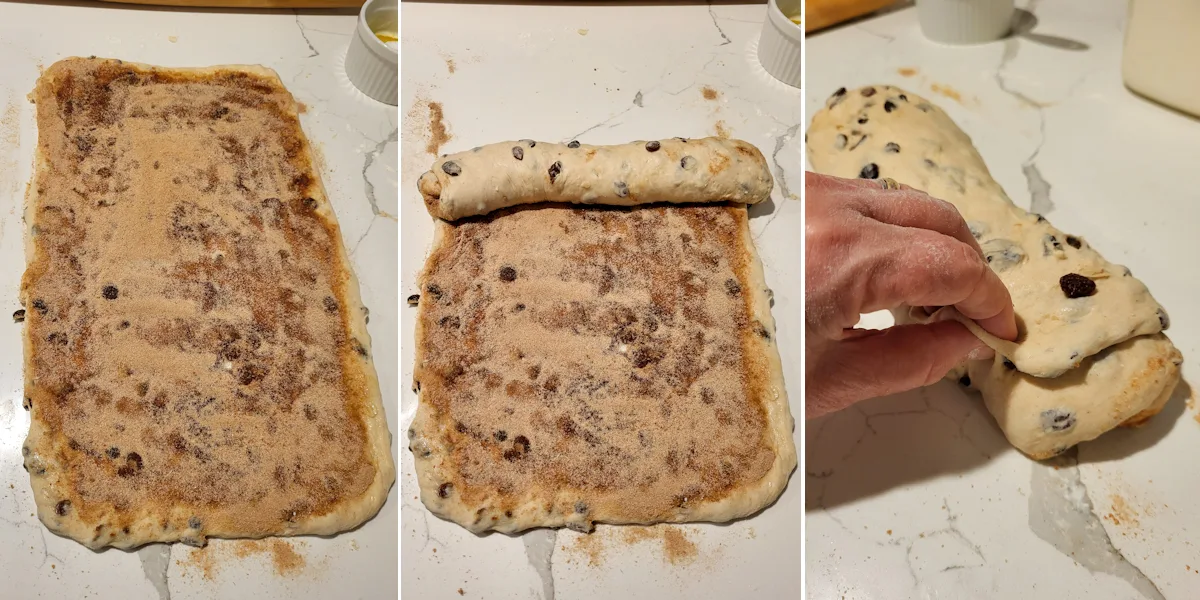 A rectangle of dough covered with cinnamon sugar. A hand rolling the dough and pinching the seam.