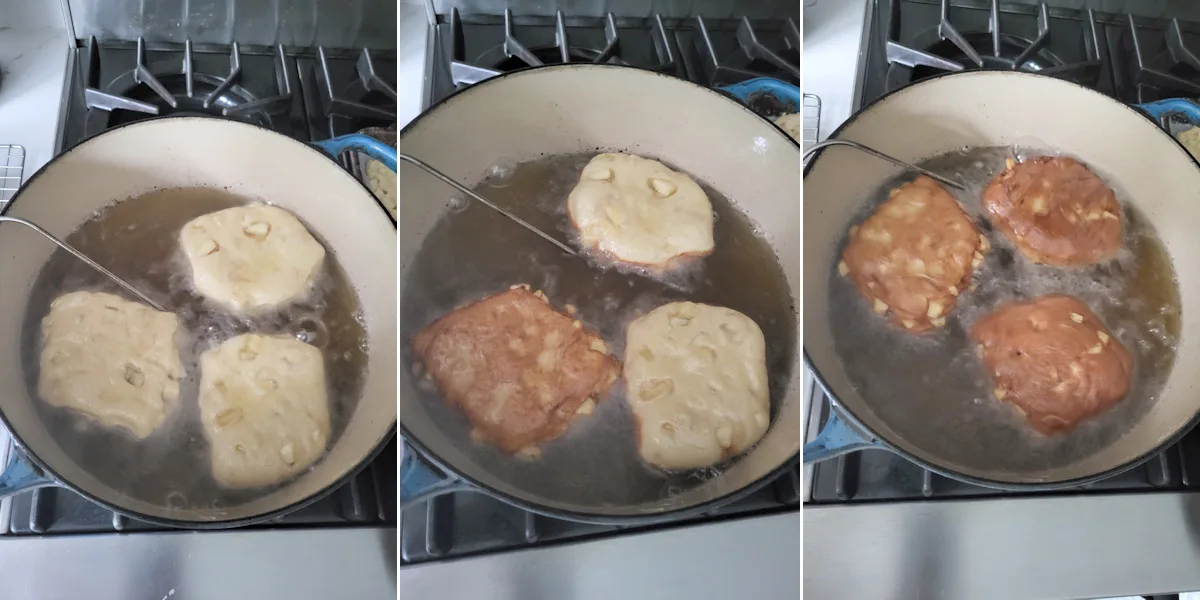 three photos of fritters in a fryer