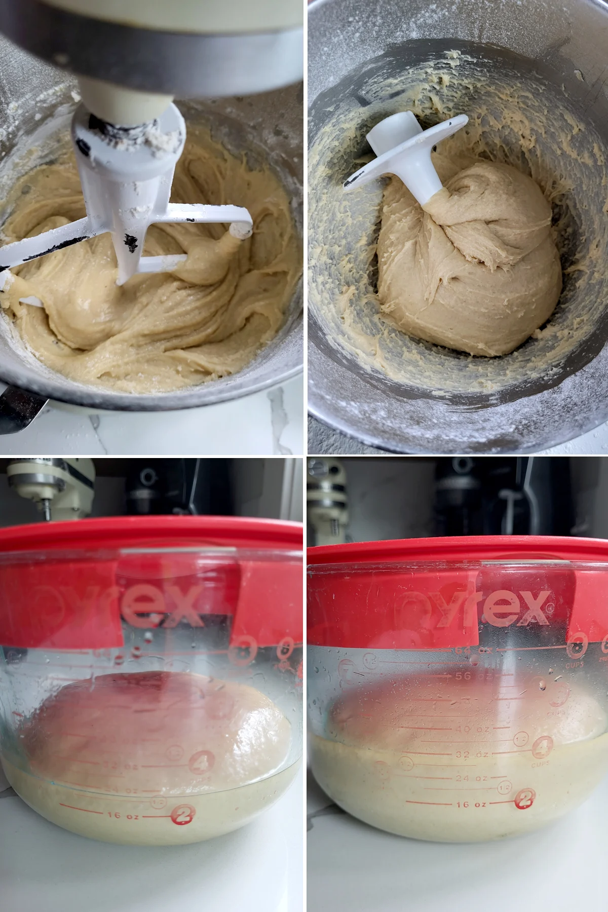 Dough in a bowl and dough in a glass measuring cup.