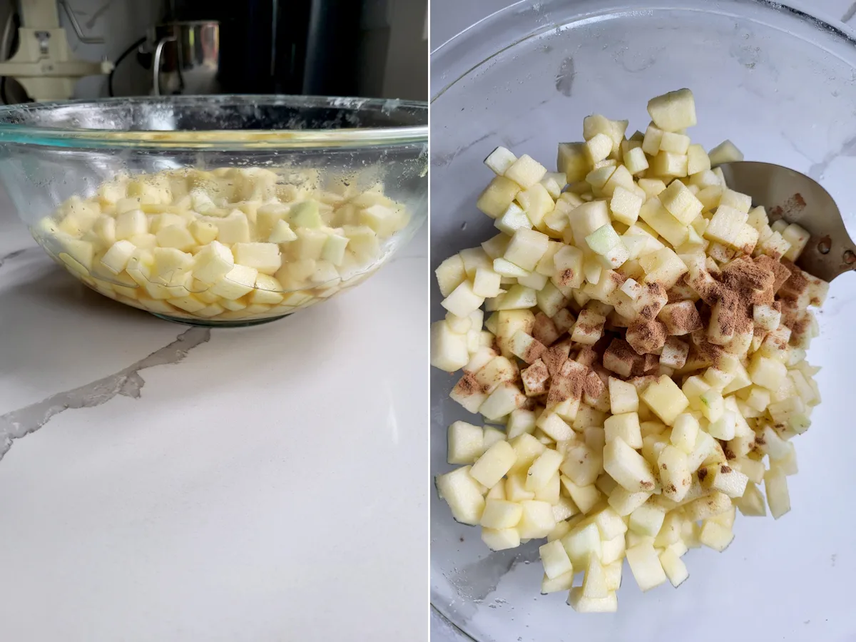 diced apples in a bowl with cinnamon