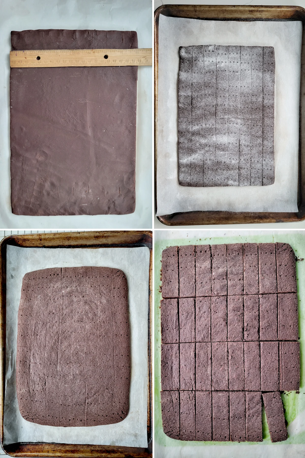 A rectangle of chocolate dough. A rectangle of chocolate dough sprinkled with sugar. A baked rectangle of chocolate dough. Chocolate shortbread cut into cookies.