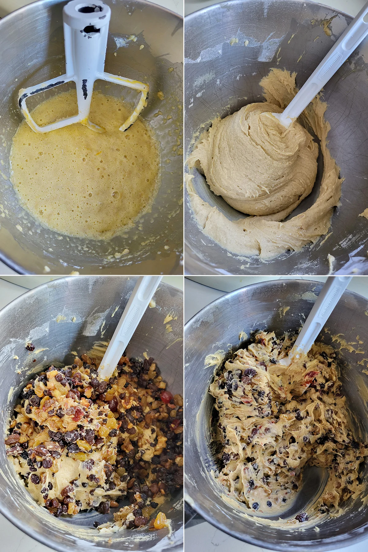 a bowl of eggs, a bowl of cake batter and a bowl of cake batter mixed with dried fruit.