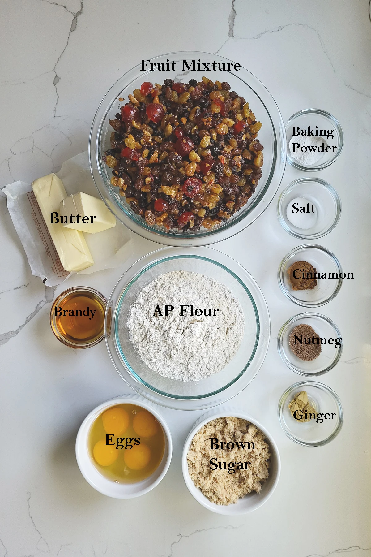 butter, sugar, flour, eggs, fruit and spices for making aged fruitcake