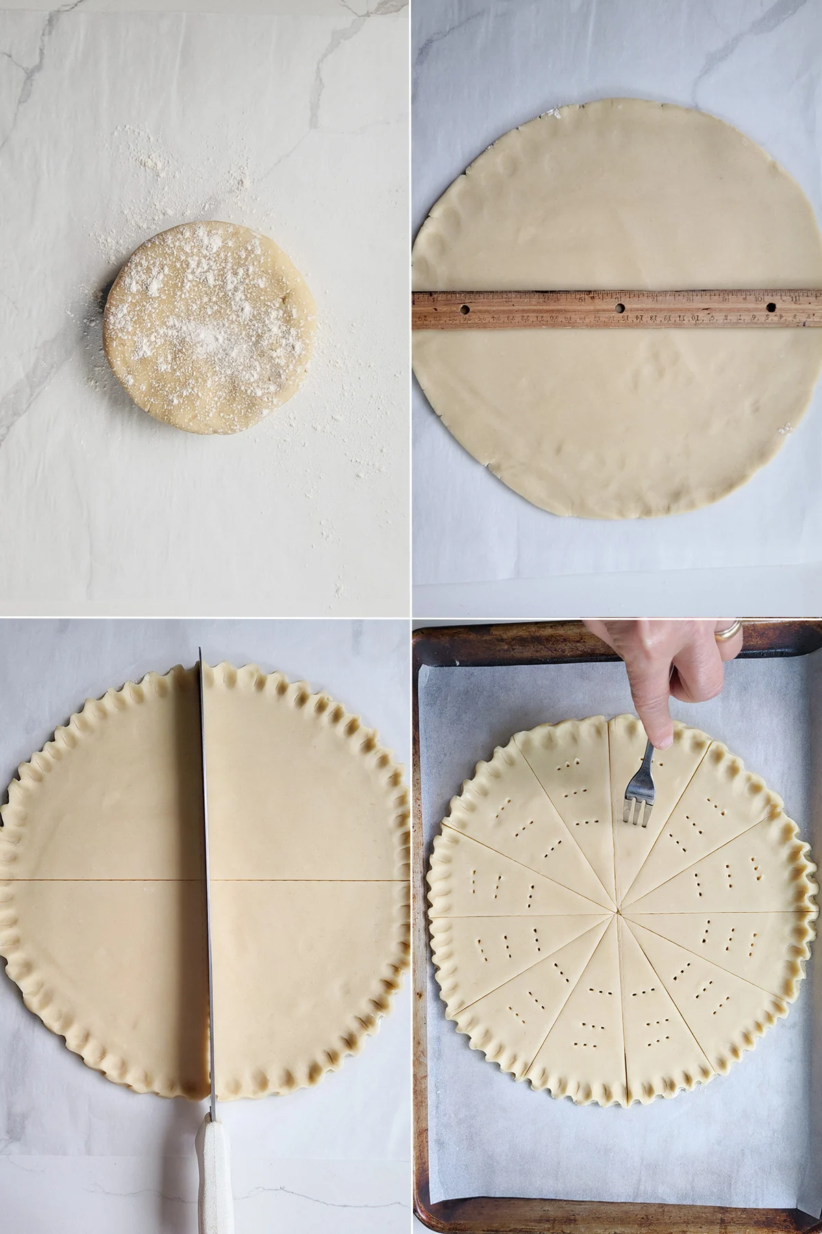 a disc of dough, a round of dough, a knife cutting a round of dough, a fork poking holes in cookies.