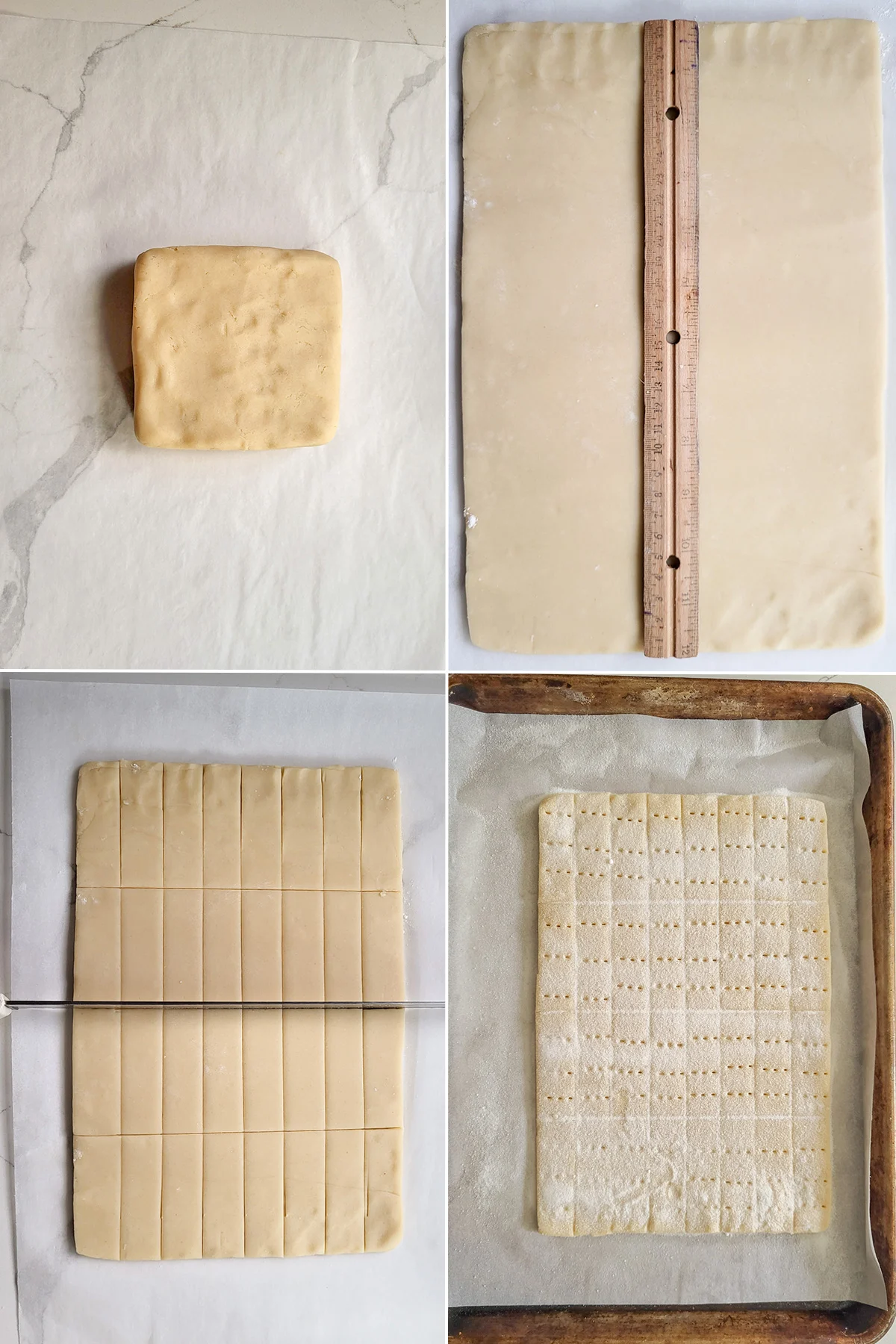 a square of dough, a rectangle of dough, a knife cutting cookies, a fork poking holes in cookies.