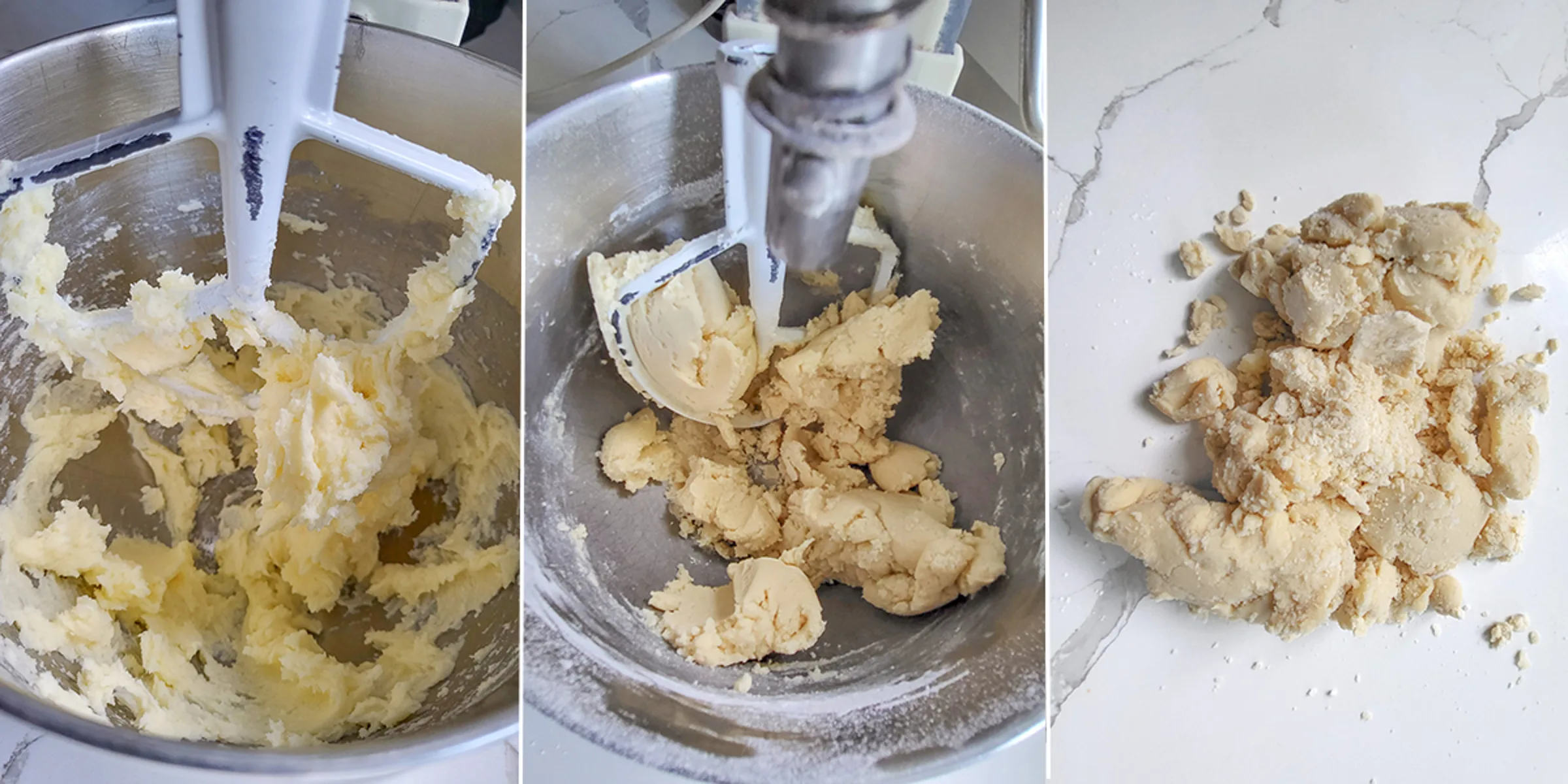 A mixing bowl with butter and sugar. A mixing bowl with cookie dough. A white surface with unkneaded cookie dough.
