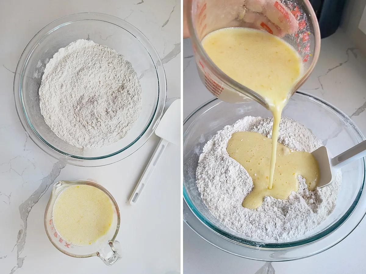 a bowl of dry ingredient and a cup of wet ingredients. Wet ingredient being poured into dry ingredients