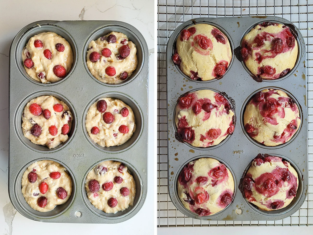Pans of cranberry muffins before and after baking.
