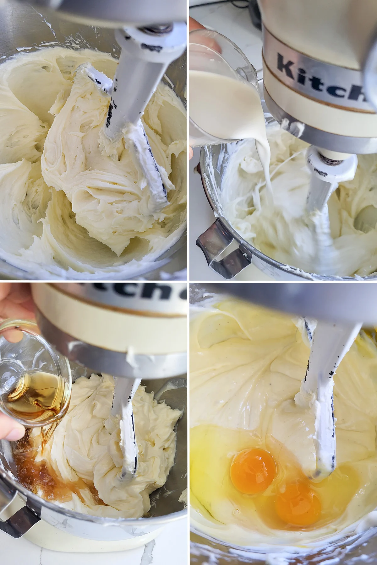 Cream cheese and sugar in a mixing bowl. Adding cream to batter. Adding bourbon to batter. Adding eggs to batter.