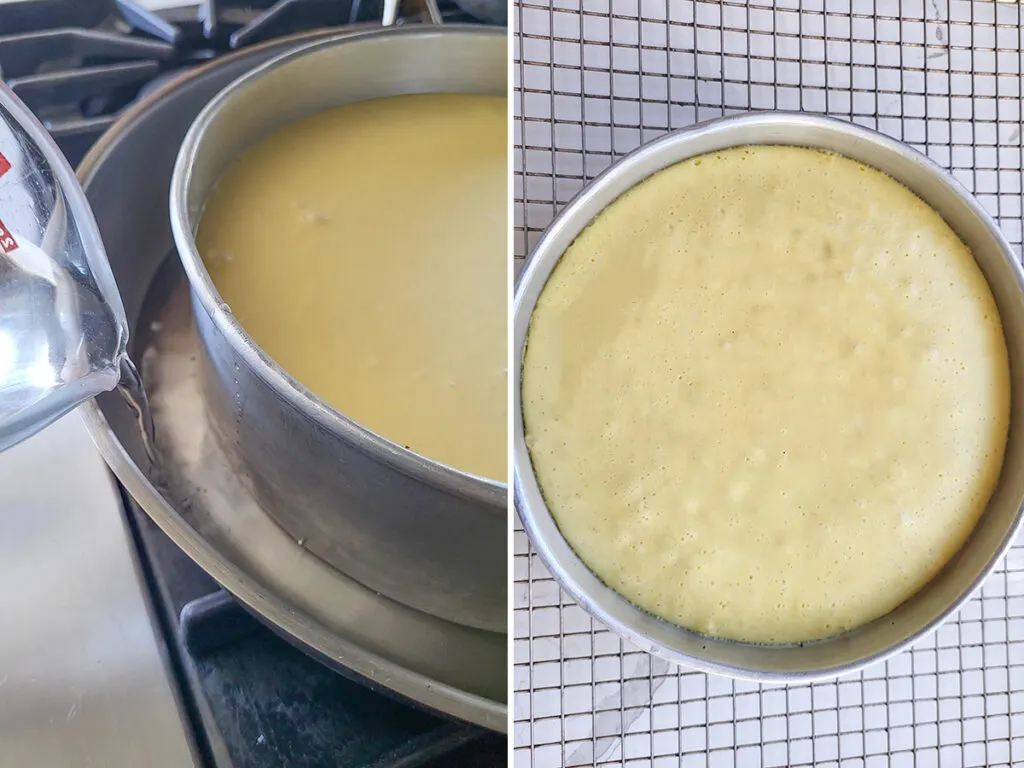 A cake pan in a larger pan and water pouring between the pans. A baked cheesecake.