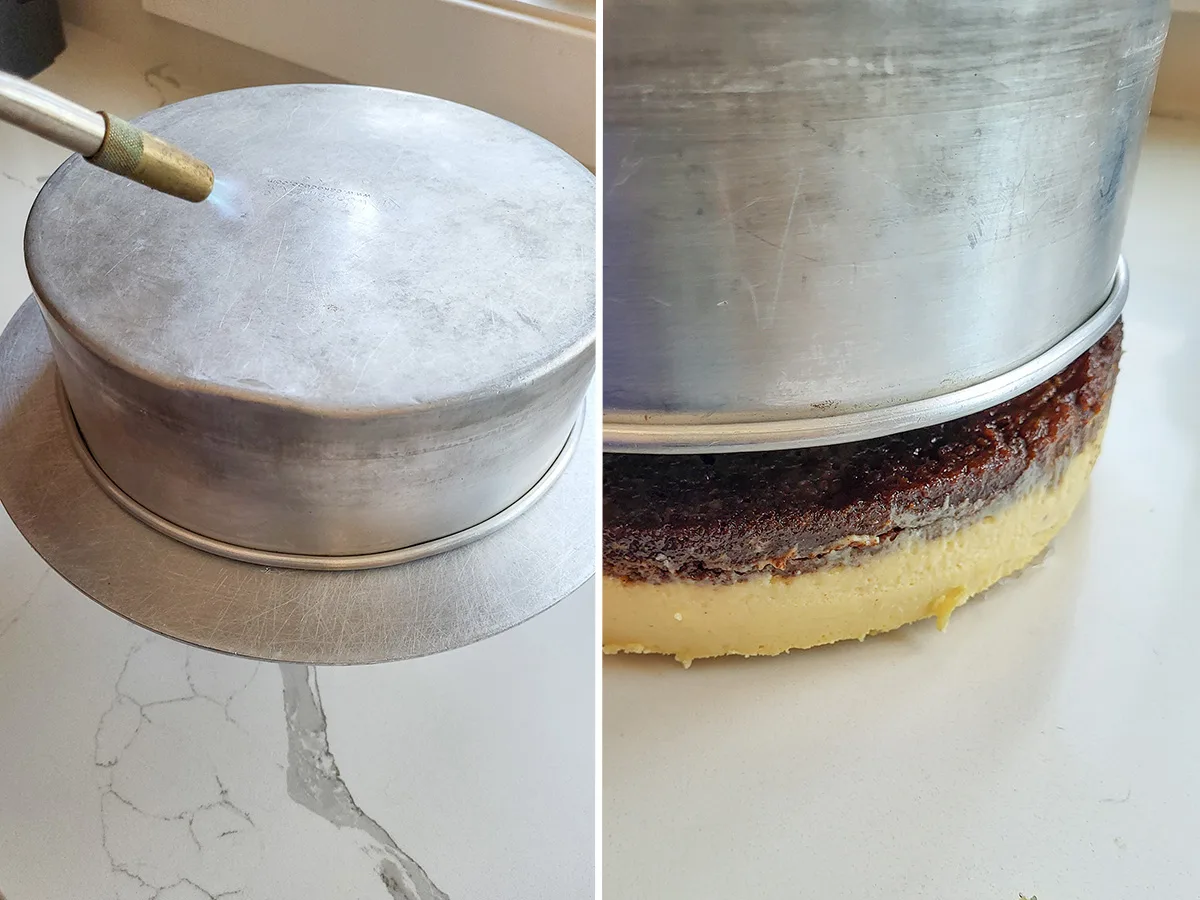an upside down cake pan and a blow torch.