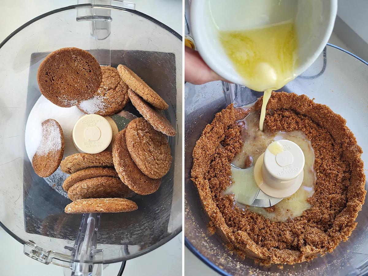 gingersnaps and sugar in a food processor. Melted butter poured over ground gingersnaps.