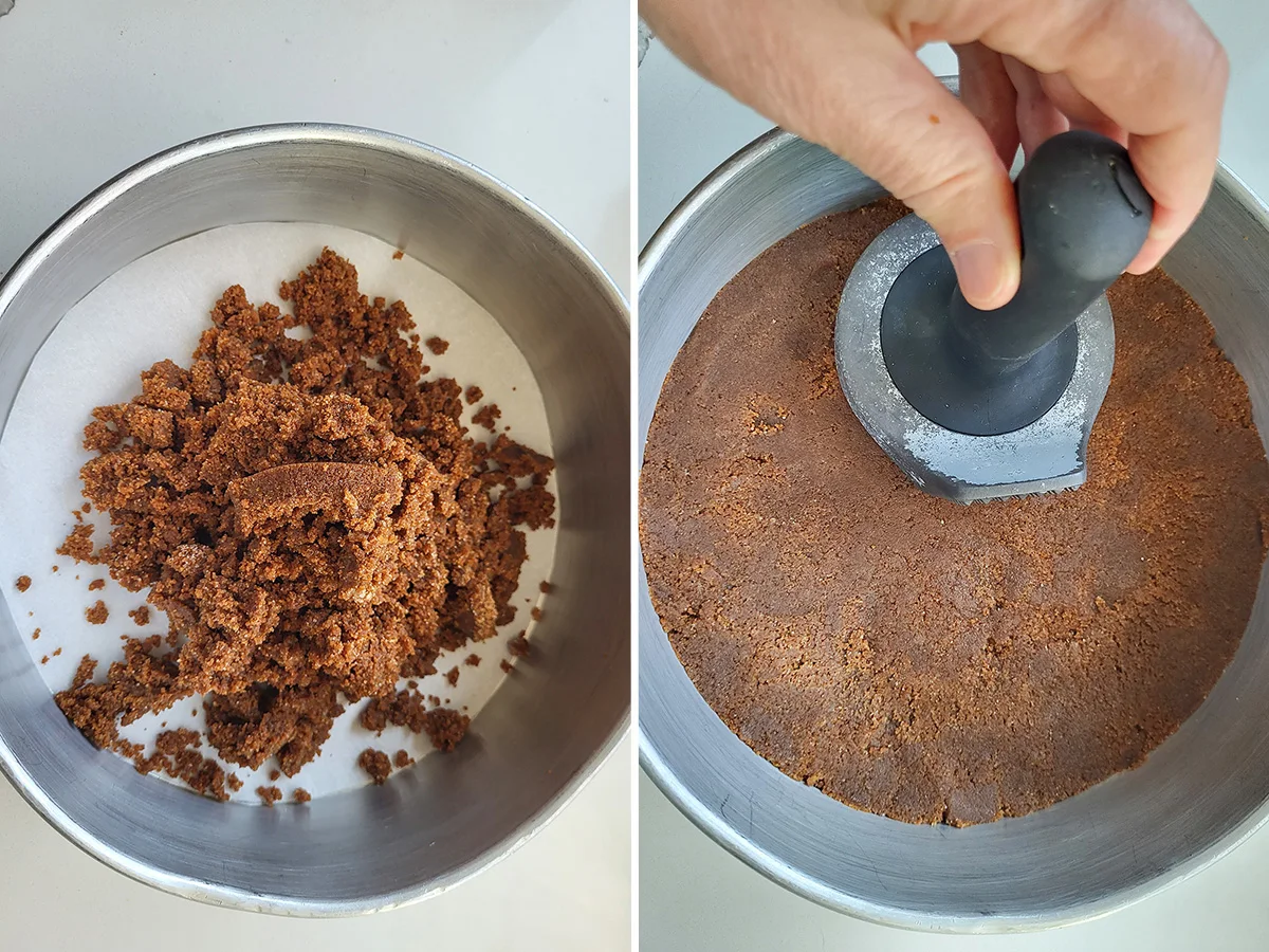 Gingersnaps crumbs in a cake pan. Patting gingersnaps crumbs into a pan with a tenderizer.