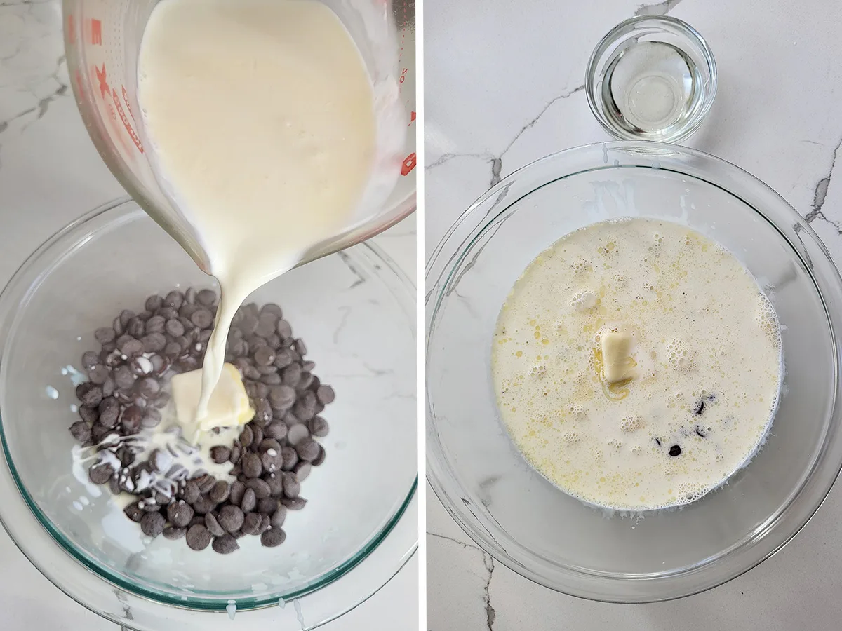 A bowl of chopped chocolate with a piece of butter and hot cream pouring over the chocolate.