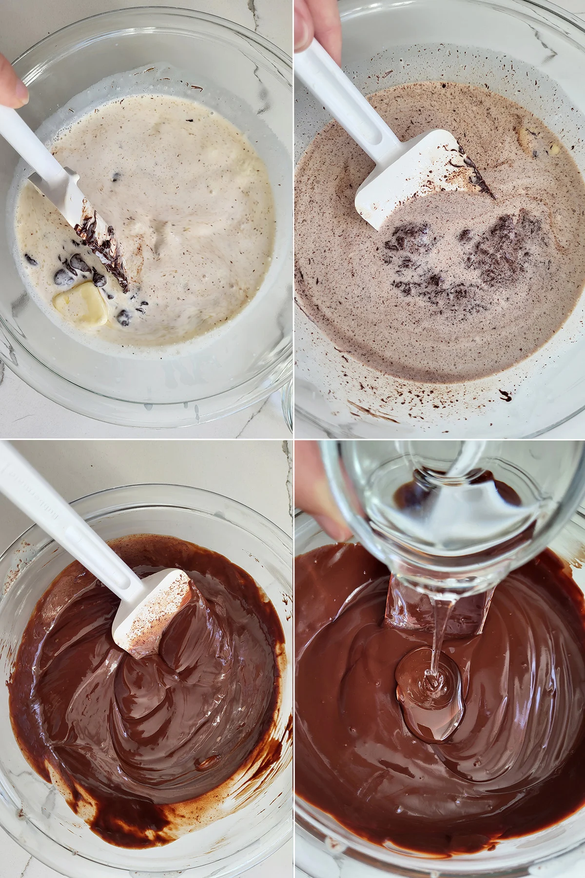 Four photos of bowls with cream and chocolate stirring progress.