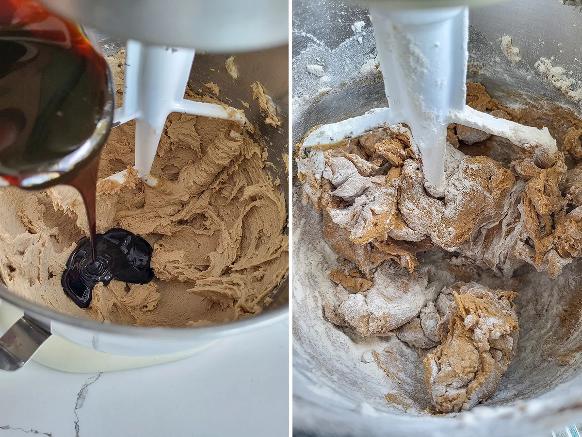Molasses being added to cookie batter and flour being added to cookie batter.