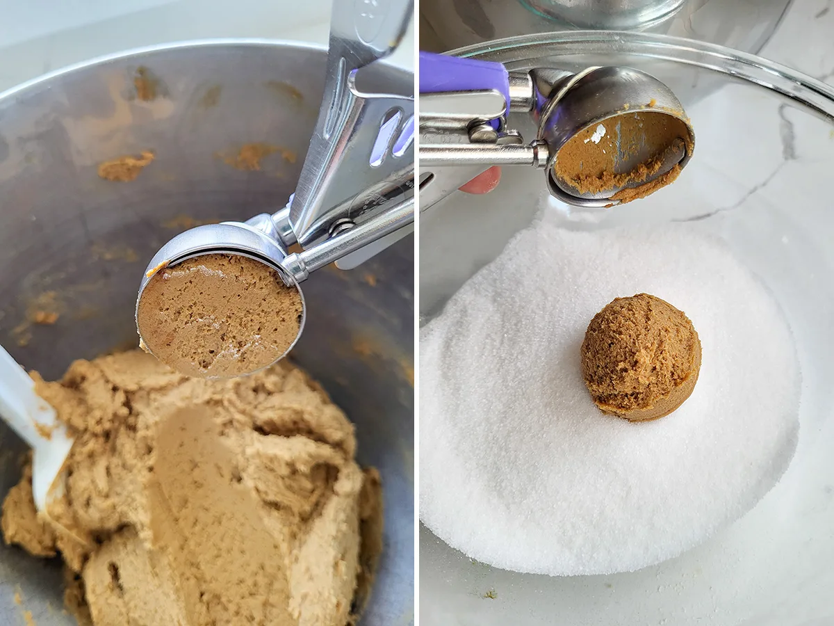 a scooper filled with cookie dough. A cookie dough ball in a bowl of sugar.