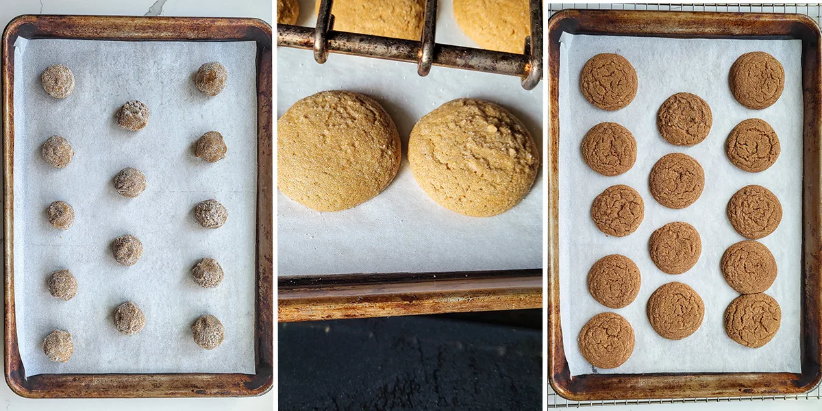 Gingersnap cookies before baking, during baking and after baking.