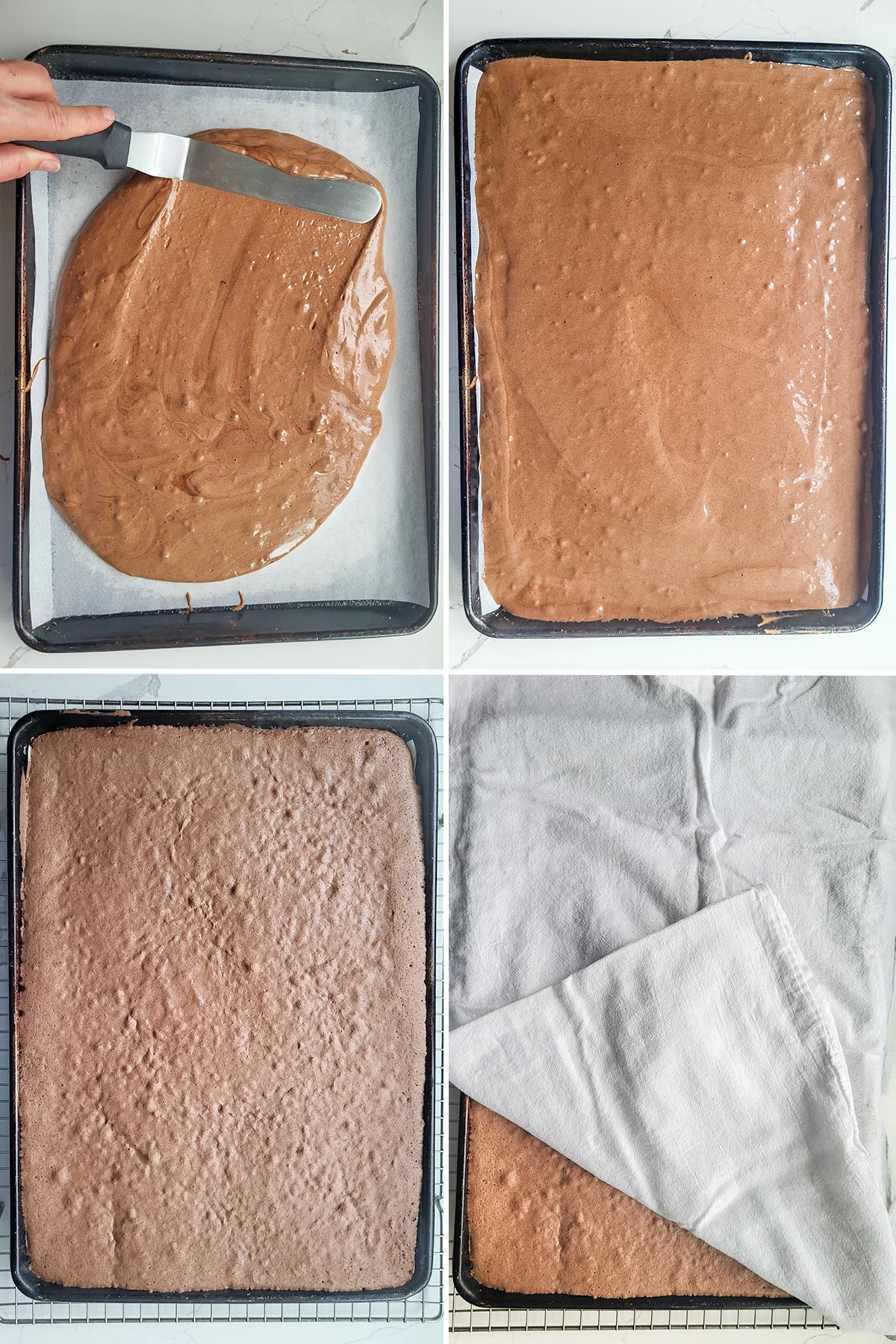 Spreading cake batter in a pan. A pan of cake batter. A baked cake and a cake covered with a kitchen towel.